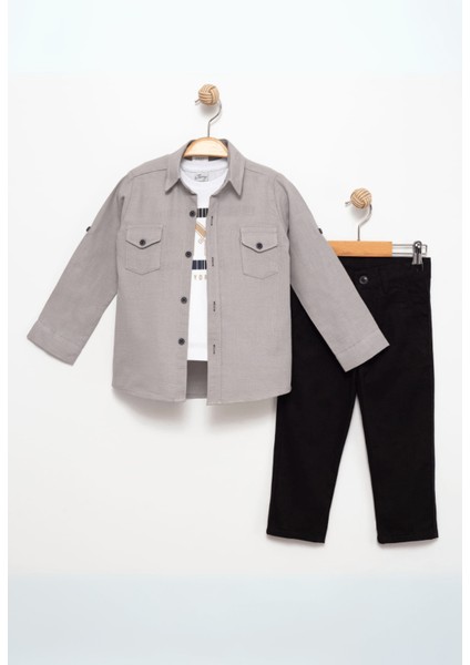 3-12 Yaş Keten Gömlek Gabardin Pantolon Baskılı Tişört Gri
