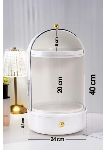 Vitrin 360 Derece Dönen Çekmeceli Raflı Kozmetik Makyaj Organizeri Standı / Takı Düzenleyici modelleri