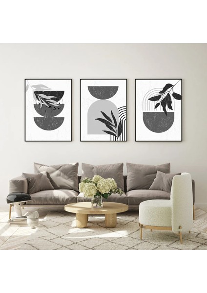 3 Parça Gri Boho Stil, Çerçeveli Ahşap Tablo, Ev Dekoru Bestabo