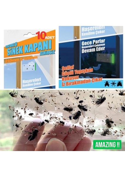 Fosforlu Yapışkanlı Şeffaf Kokusuz Haşere Sinek Kapanı Şerit Bandı 215 mm x 125 mm 10'lu Paket