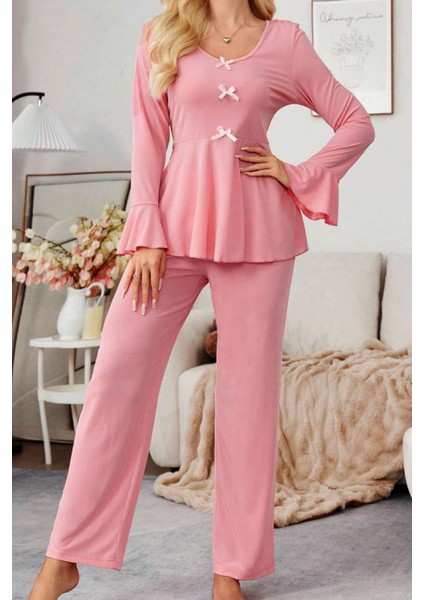 Pamuklu Ince Fitilli Ispanyol Kol Mevsimlik Pijama Takımı