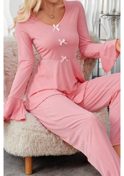 Pamuklu Ince Fitilli Ispanyol Kol Mevsimlik Pijama Takımı