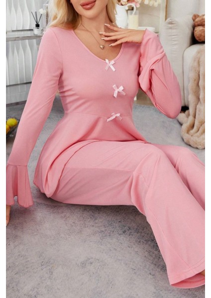 Pamuklu Ince Fitilli Ispanyol Kol Mevsimlik Pijama Takımı
