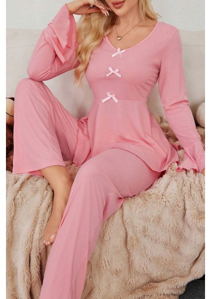 Pamuklu Ince Fitilli Ispanyol Kol Mevsimlik Pijama Takımı