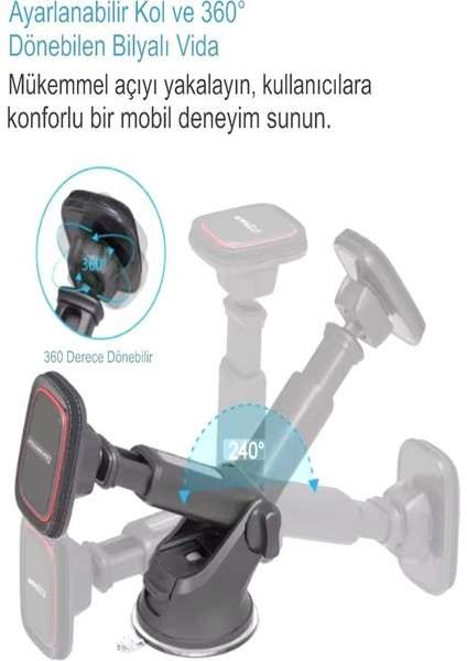 T035 360° Derece Dönebilen Güçlü Mıknatıslı, Vantuzlu Araç Içi Tutacak