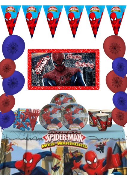 Spiderman Afişli Örümcek Adam 40 Kişilik Doğum Günü Parti Malzemeleri Süsleri Seti