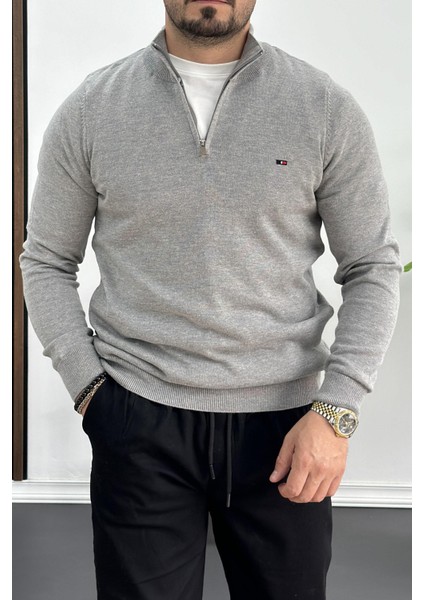 Erkek Yarım Fermuarlı Dik Yaka Kazak Gri EDW217