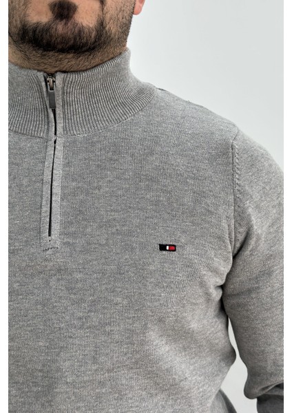 Erkek Yarım Fermuarlı Dik Yaka Kazak Gri EDW217 fırsatları