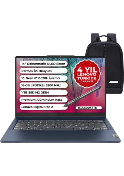Ideapad 5 Intel Core I7-13620H 16GB 1tb SSD Windows 11 Pro 14" Wuxga Dokunmatik Taşınabilir Bilgisayar 83KX003TTR Snertech Çanta