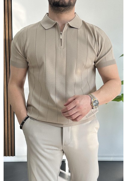 Erkek Yarım Fermuarlı Polo Yaka Tişört Kiremit EDW257
