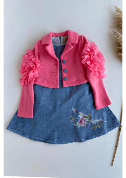 5-8 Yaş Kolları Gül Detay Bolero Ceket ve Kot Elbise Fuşya