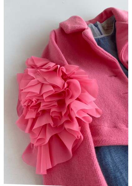 5-8 Yaş Kolları Gül Detay Bolero Ceket ve Kot Elbise Fuşya fiyatları