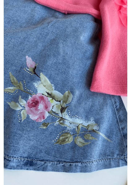 5-8 Yaş Kolları Gül Detay Bolero Ceket ve Kot Elbise Fuşya modelleri