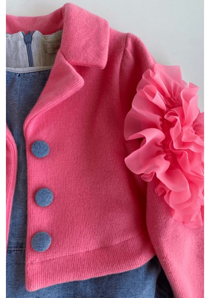 5-8 Yaş Kolları Gül Detay Bolero Ceket ve Kot Elbise Fuşya fırsatları