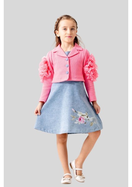 5-8 Yaş Kolları Gül Detay Bolero Ceket ve Kot Elbise Fuşya indirimleri
