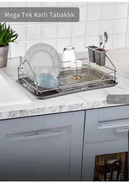 Mega Tek Katlı Bulaşıklık Tezgah Üstü Tabaklık Bpa Free Bulaşık Sepeti Gri