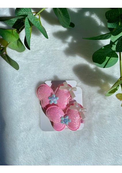 Kız Çocuk Kelebek Figürlü Simli Parlak Şık Bayramlık Pembe Renk Ikili Pens Yan Toka (Sticker Hediyeli)