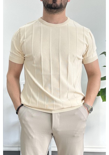 Erkek Bisiklet Yaka Desenli Tişört Krem Edw260