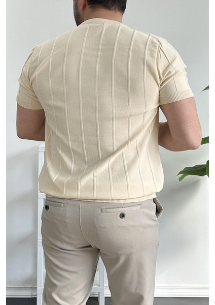 Erkek Bisiklet Yaka Desenli Tişört Krem Edw260 modelleri