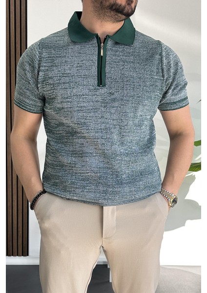 Erkek Polo Yaka Fermuarlı Renk Desenli Tişört Vizon EDW263