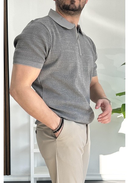 Erkek Polo Yaka Fermuarlı Renk Desenli Tişört Vizon EDW263