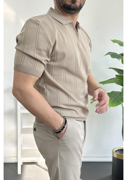 Erkek Polo Yaka Fermuarlı Desenli Tişört Kahverengi EDW262 modelleri