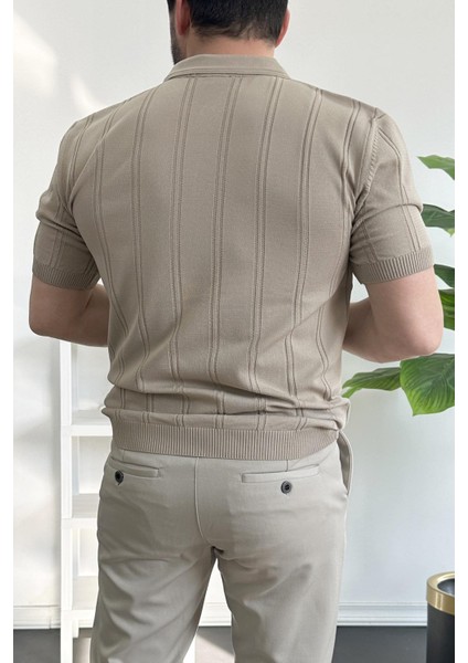 Erkek Polo Yaka Fermuarlı Desenli Tişört Kahverengi EDW262 fırsatları