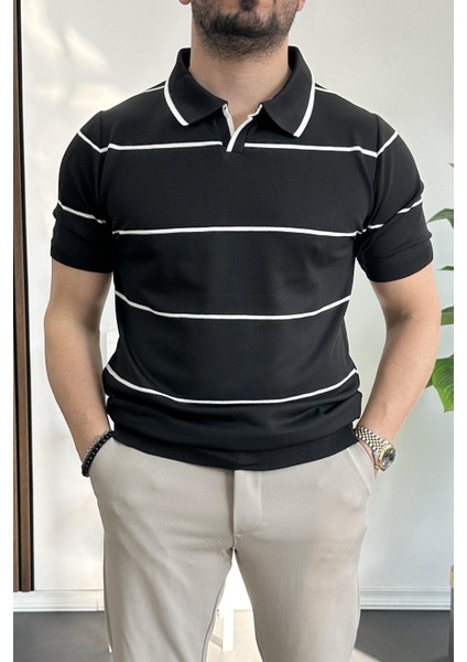 Erkek Açık Yaka Yan Çizgili Tişört Yeşil EDW259