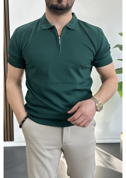 Erkek Polo Yaka Polo Yaka Fermuarlı Düz Tişört Koyu Yeşil EDW261