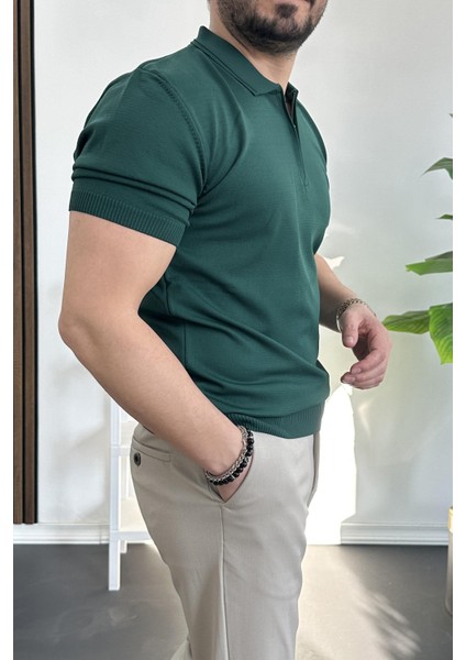 Erkek Polo Yaka Polo Yaka Fermuarlı Düz Tişört Koyu Yeşil EDW261