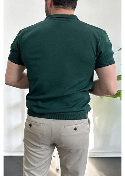 Erkek Polo Yaka Polo Yaka Fermuarlı Düz Tişört Koyu Yeşil EDW261