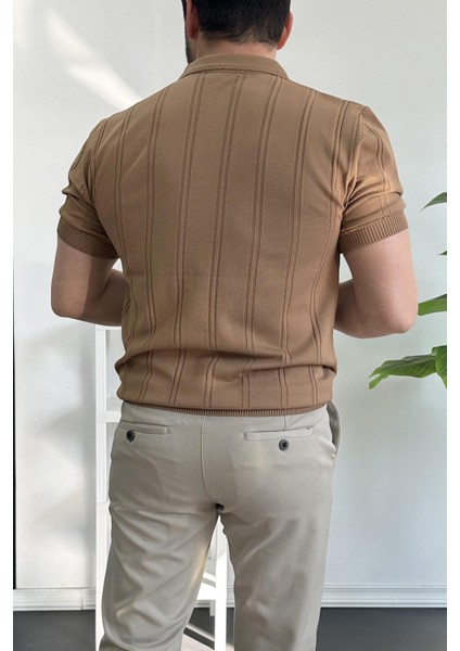 Erkek Polo Yaka Fermuarlı Desenli Tişört Kahverengi EDW262 fırsatları