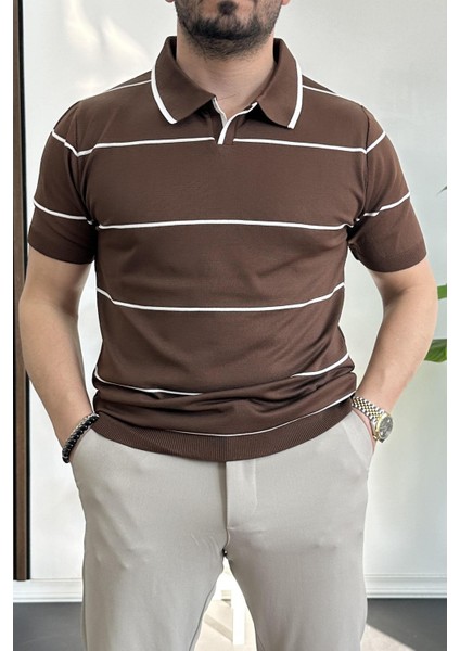 Erkek Açık Yaka Yan Çizgili Tişört Yeşil EDW259