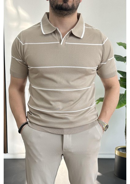 Erkek Açık Yaka Yan Çizgili Tişört Yeşil EDW259