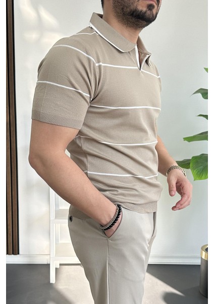 Erkek Açık Yaka Yan Çizgili Tişört Yeşil EDW259 modelleri