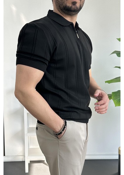 Erkek Polo Yaka Fermuarlı Desenli Tişört Kahverengi EDW262 modelleri