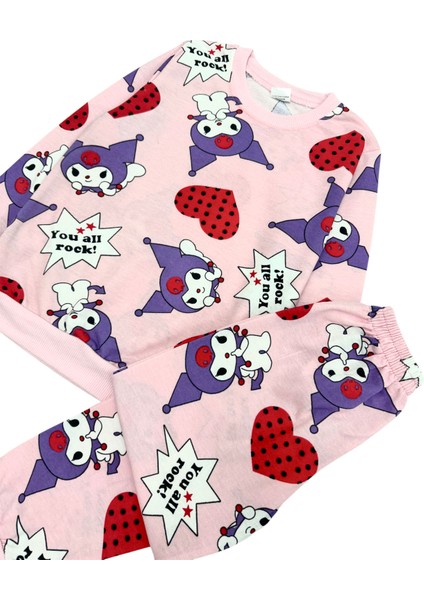 Kız Çocuk Pamuklu Mevsimlik Pembe Kuromi Desen Uzun Kollu Pijama Takımı modelleri