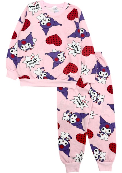Kız Çocuk Pamuklu Mevsimlik Pembe Kuromi Desen Uzun Kollu Pijama Takımı