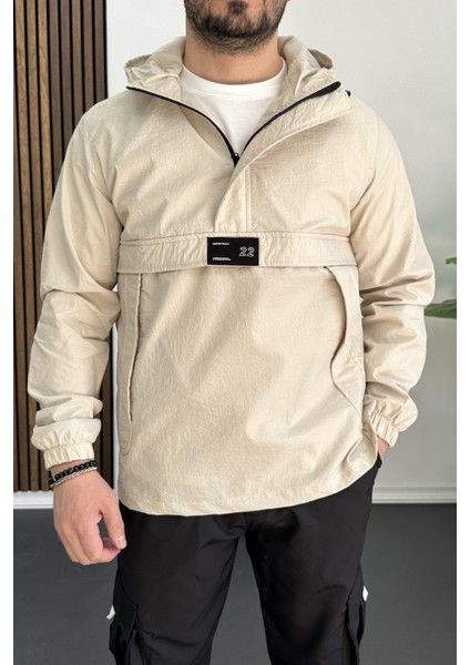 Erkek Slim Fit Krinkıl Kumaş Kanguru Cepli Yarım Fermuarlı Mevsimlik Mont Krem EDW077