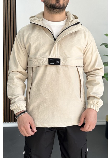 Erkek Slim Fit Krinkıl Kumaş Kanguru Cepli Yarım Fermuarlı Mevsimlik Mont Krem EDW077
