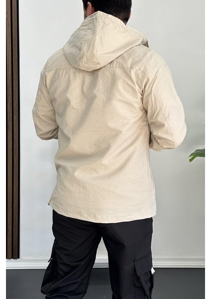 Erkek Slim Fit Krinkıl Kumaş Kanguru Cepli Yarım Fermuarlı Mevsimlik Mont Krem EDW077