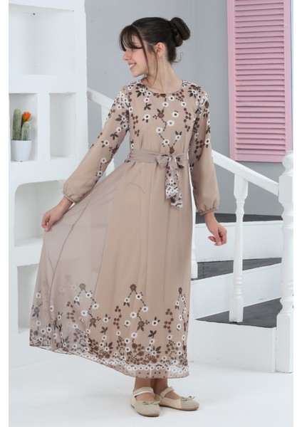 Kız Çocuk Çiçek Desenli Şifon Elbise – Uzun, Astarlı, Tesettüre Uygun ELBISE-ELB-0040