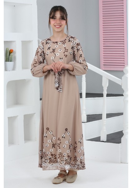 Kız Çocuk Çiçek Desenli Şifon Elbise – Uzun, Astarlı, Tesettüre Uygun ELBISE-ELB-0040