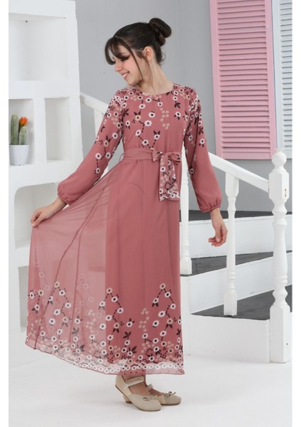 Kız Çocuk Çiçek Desenli Şifon Elbise – Uzun, Astarlı, Tesettüre Uygun ELBISE-ELB-0040