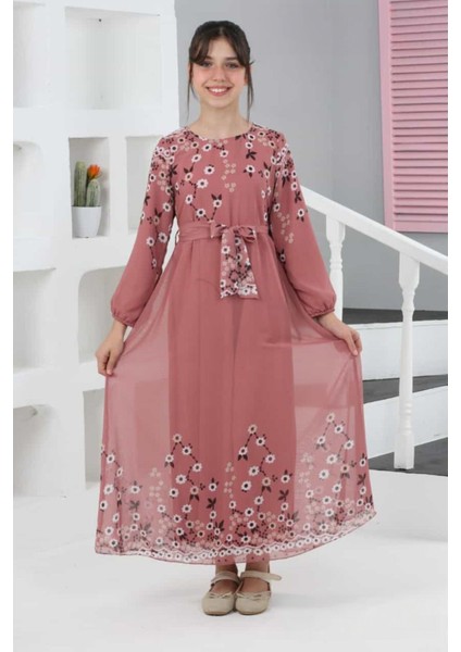 Kız Çocuk Çiçek Desenli Şifon Elbise – Uzun, Astarlı, Tesettüre Uygun ELBISE-ELB-0040