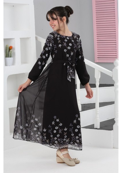 Kız Çocuk Çiçek Desenli Şifon Elbise – Uzun, Astarlı, Tesettüre Uygun ELBISE-ELB-0040