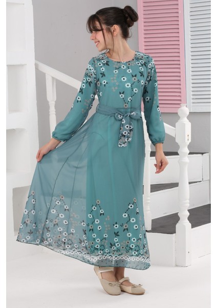 Kız Çocuk Çiçek Desenli Şifon Elbise – Uzun, Astarlı, Tesettüre Uygun ELBISE-ELB-0040