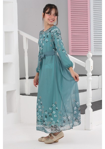 Kız Çocuk Çiçek Desenli Şifon Elbise – Uzun, Astarlı, Tesettüre Uygun ELBISE-ELB-0040