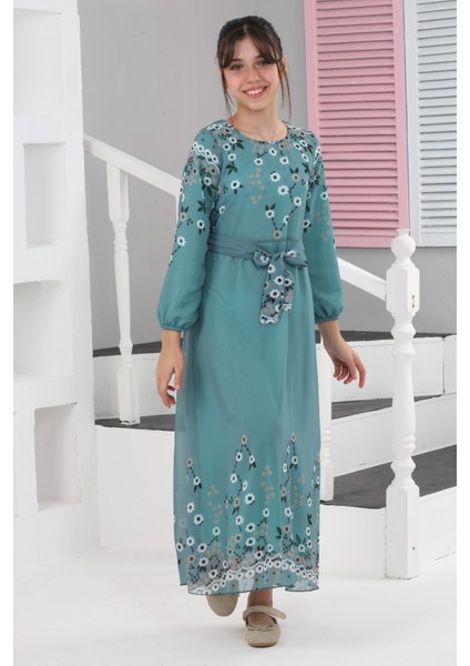 Kız Çocuk Çiçek Desenli Şifon Elbise – Uzun, Astarlı, Tesettüre Uygun ELBISE-ELB-0040