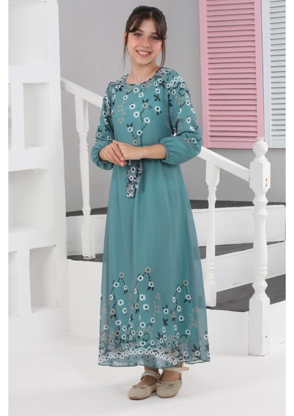 Kız Çocuk Çiçek Desenli Şifon Elbise – Uzun, Astarlı, Tesettüre Uygun ELBISE-ELB-0040